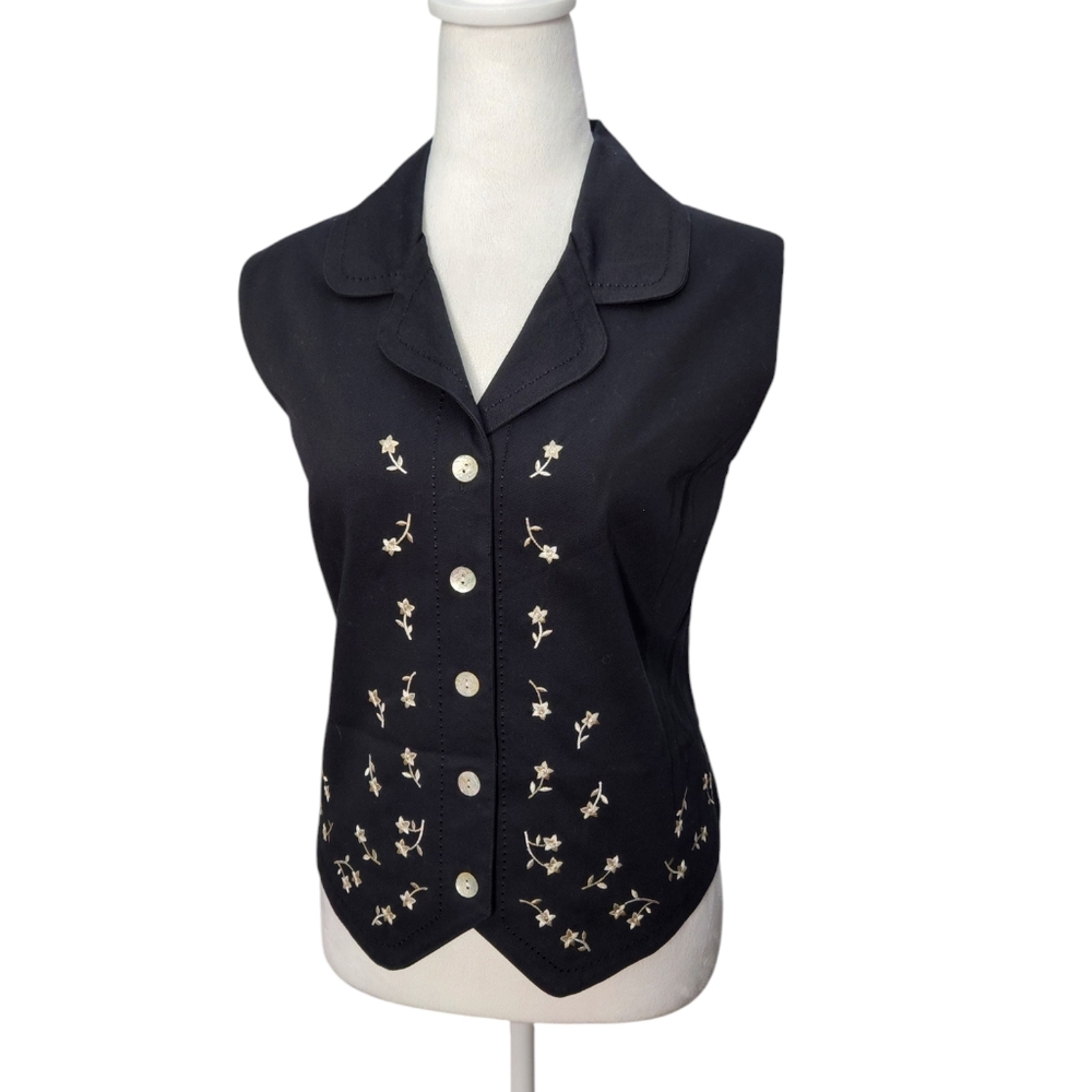 NWT Talbots Black Vest and Embroidered White Flowers Size Medium